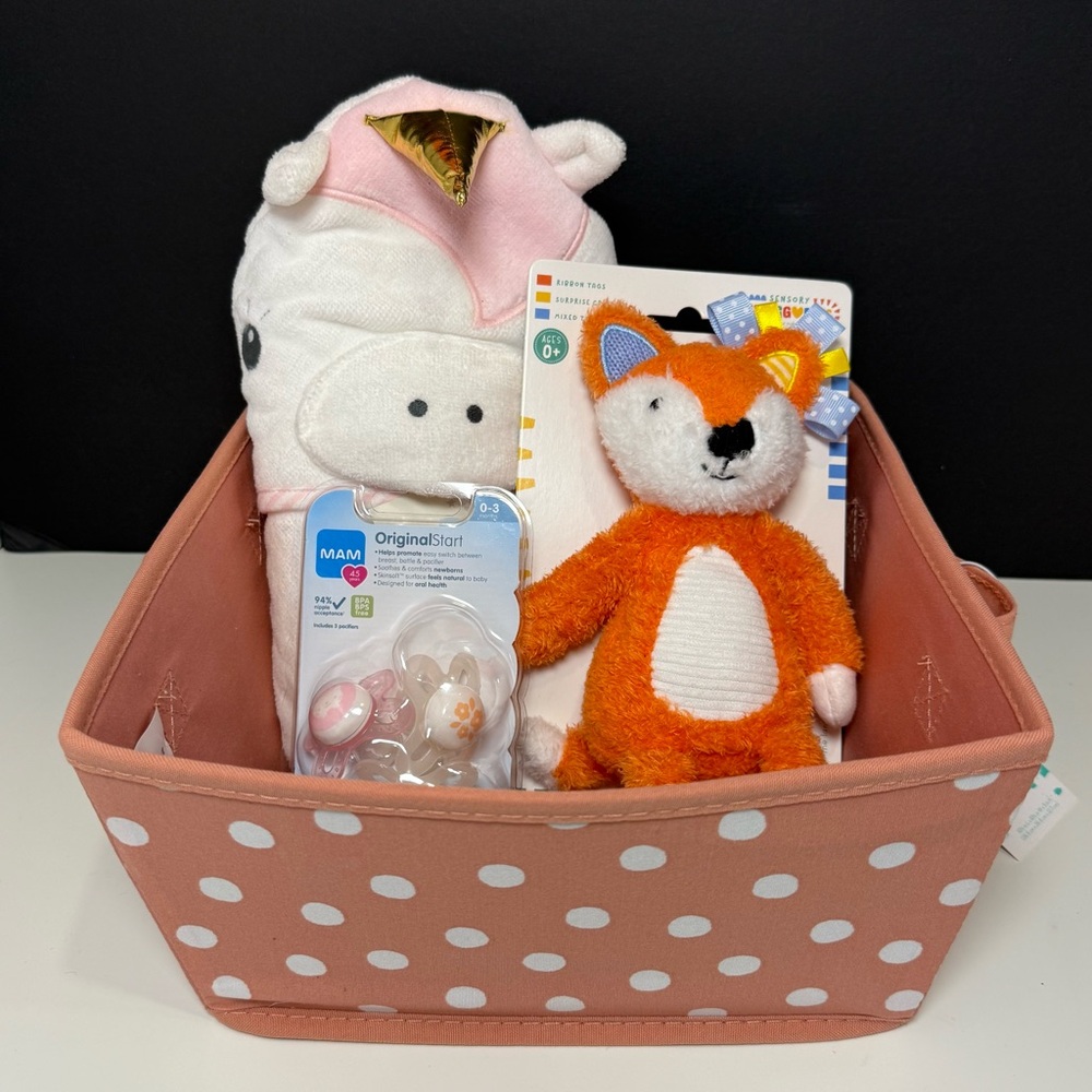Polka Dot Toy Basket with Fox Plush and Pacifier Set